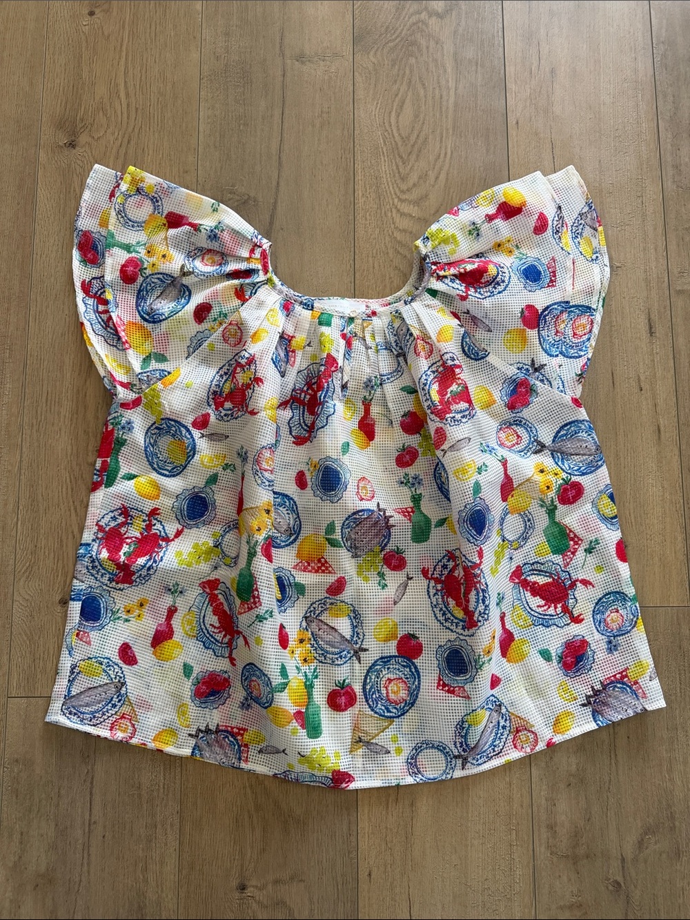 Corey Lynn Calter Festive Feast Blouse Size L Lobster Lemon Flutter Sleeve EUC - Picture 12 of 12